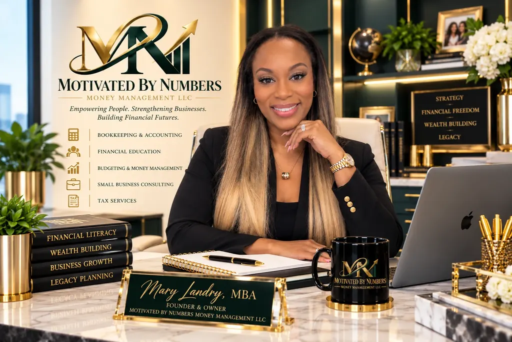 Mary Landry, MBA, founder and owner of Motivated by Numbers, seated in a branded professional office